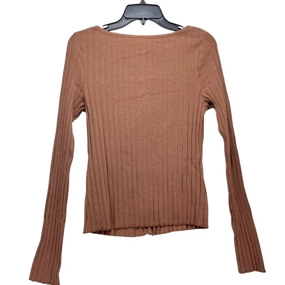 Free People Ribbed Button Down Long Sleeve Top Otter Brown XL - Picture 4 of 6